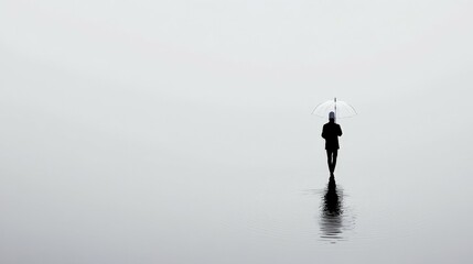 Obraz premium Silhouette of female with umbrella in minimalist landscape