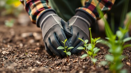 Hands in protective gloves planting young seedlings in soil, sustainable gardening and organic farming concept