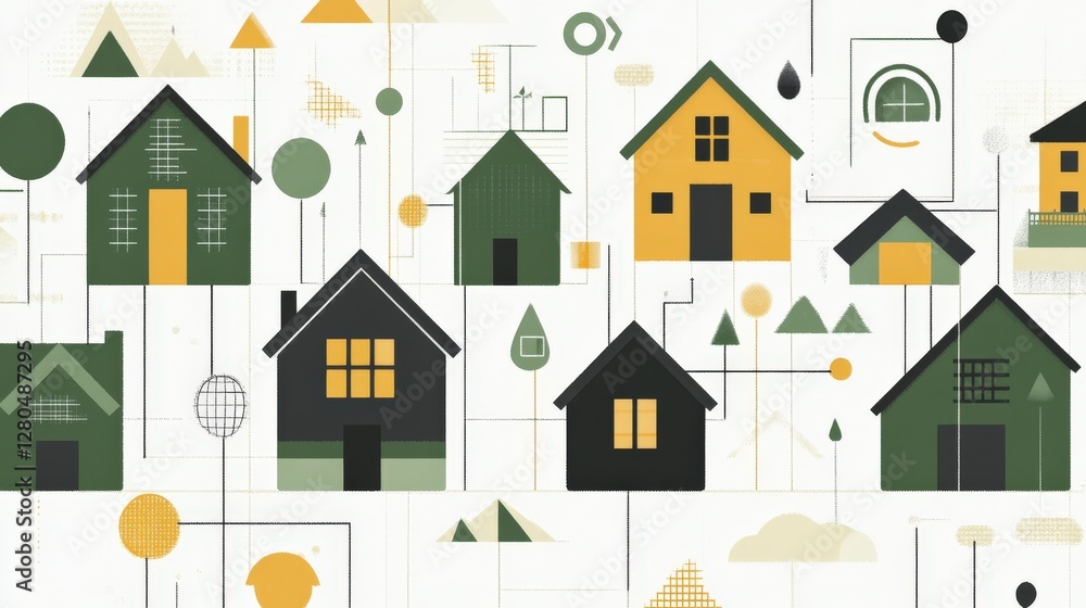 Poster colorful abstract illustration of various houses with geometric shapes and patterns in the backgroun