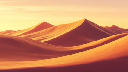 A peaceful desert landscape with layered sand dunes in warm, fiery hues.