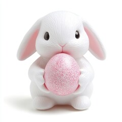 A cute white bunny holding a sparkling pink egg, perfect for Easter decorations or festive celebrations.
