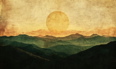 Vintage sunset over layered mountains