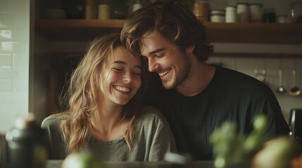 Young couple cooking together in a minimalist kitchen, candid smiles, natural light, lifestyle imagery for family and wellness projects