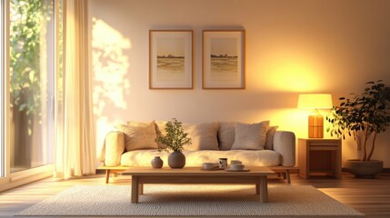 A peaceful, clutter-free living room with a light wood coffee table and warm lights.