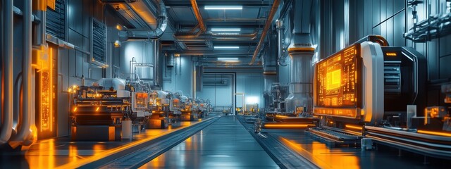 Fototapeta premium Futuristic Smart Factory Automated Production Line Conveyor Belts Control Panels Industrial