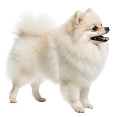 pomeranian Small white dog standing on a white surface adorable pet cute canine playful puppy domestic animal portraiture