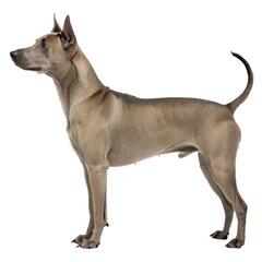 Thai Ridgeback Dog standing upright with head turned captured in a natural outdoor setting displaying curiosity and playfulness