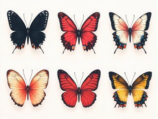 A stunning display of six colorful butterflies, showcasing their unique patterns and vibrant hues against a light background.