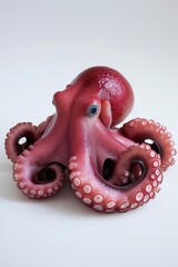 A large red octopus with blue eyes sits on a white surface. The octopus is surrounded by many small dots, giving it a textured appearance. Concept of curiosity and wonder