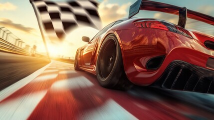 Racing car crosses the finish line at sunset while a checkered flag waves in the air