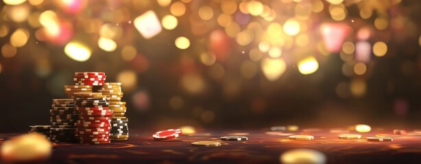 Fototapeta premium Colorful casino chips stacked elegantly against a shimmering background at a lively gambling venue