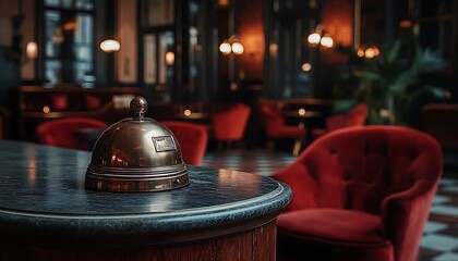 Brass bell on a marble reception desk in a luxurious restaurant