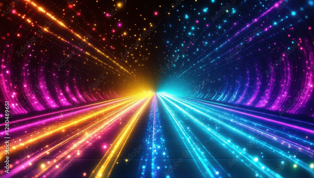 Poster vivid neon light patterns creating a stunning tunnel effect with stars and glowing colors radiating 