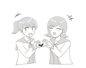 笑顔でハートポーズをする女子学生たち