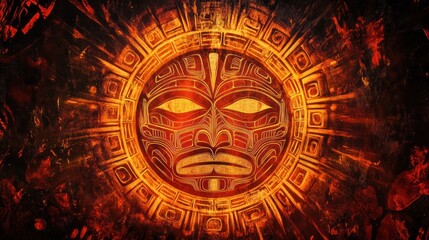 Obraz premium Fiery sun god mask with ancient symbols.