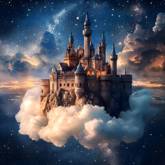 Fantasy Castle on Cloud: Majestic castle perched atop a fluffy cloud, enveloped in a dreamy night sky filled with twinkling stars and a galaxy.&nbsp;