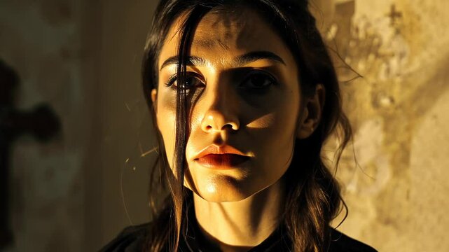 Young woman in dim light with ashes on her face, symbolizing Ash Wednesday. Christian faith, repentance, spirituality, Lenten season, solemn reflection.
