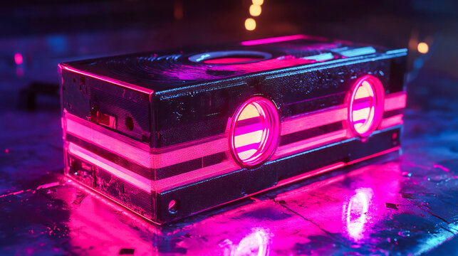 Glowing neon cassette radiates vibrant colors, evoking nostalgia for the 90s. A retro audio tape perfect for symbolizing vintage music, pop culture, and throwback vibes in a modern, artistic way.