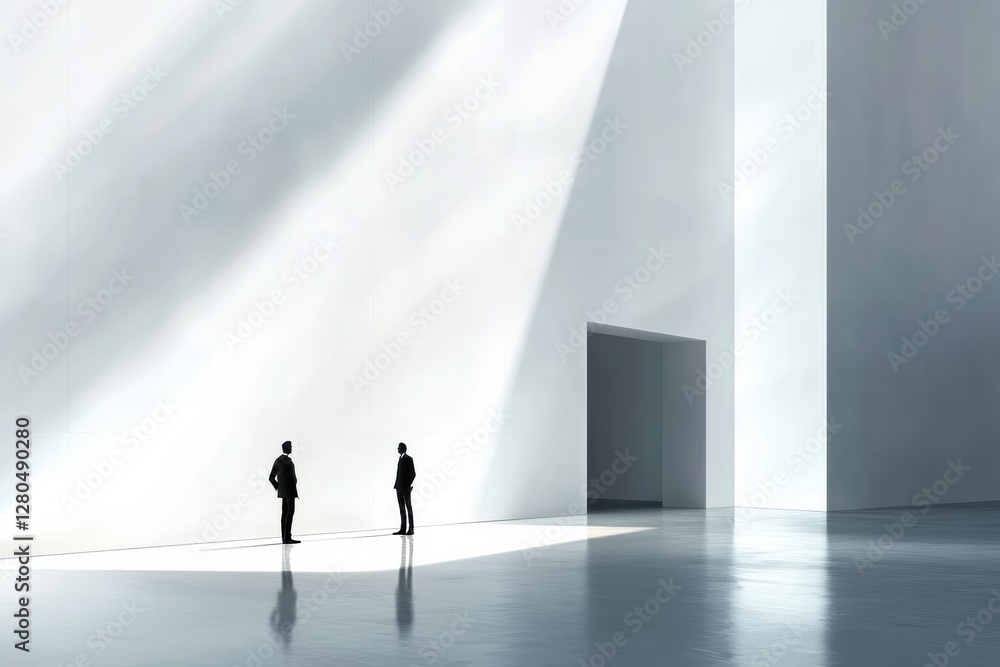 Poster two silhouetted figures negotiating amidst expansive white architecture in a modern space during day
