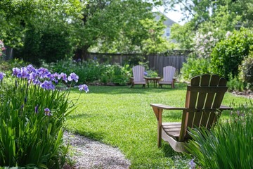Obraz premium A soft focus image of a backyard garden with vibrant flowers and lush greenery, creating a serene outdoor escape.