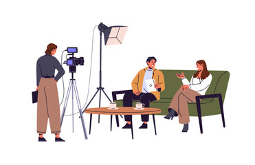 Journalist interviews woman on sofa. Cameraman films how host talks to guest, recording, shooting with video camera TV show in studio. Journalism. Flat isolated vector illustration on white background