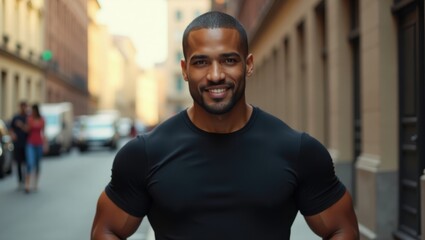 Fototapeta premium Confident athletic man smiling on city street, fitness lifestyle