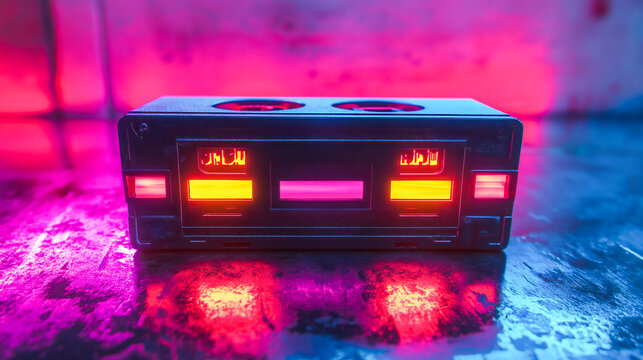 Glowing neon cassette radiates vibrant colors, evoking nostalgia for the 90s. A retro audio tape perfect for symbolizing vintage music, pop culture, and throwback vibes in a modern, artistic way.