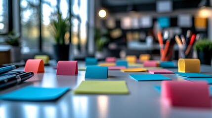 Fototapeta premium Colorful Sticky Notes Spread Across Table in Modern Workspace