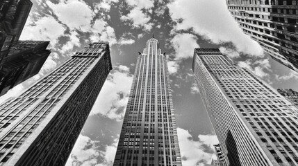 Fototapeta premium Majestic Skyscrapers in Monochrome Against a Dramatic Cloudy Sky from a Low Angle Perspective in an Urban Setting