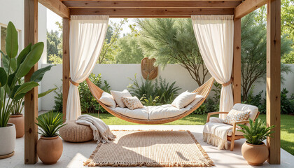 Fototapeta premium Cozy hammock relaxing in sunny backyard under wooden pergola, summer retreat