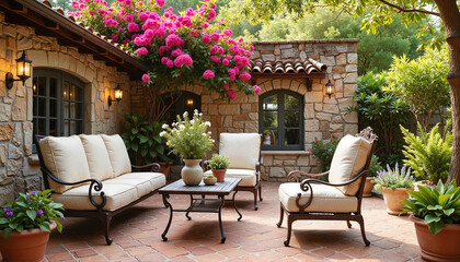 Fototapeta premium Charming Mediterranean patio with vibrant bougainvillea, summer relaxation