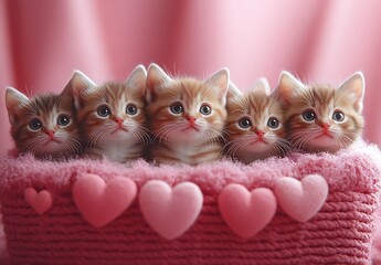  Five Adorable Ginger Kittens in Pink Basket with Hearts