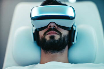 Patient engages in immersive rehabilitation therapy using cutting-edge VR technology in a modern clinical setting