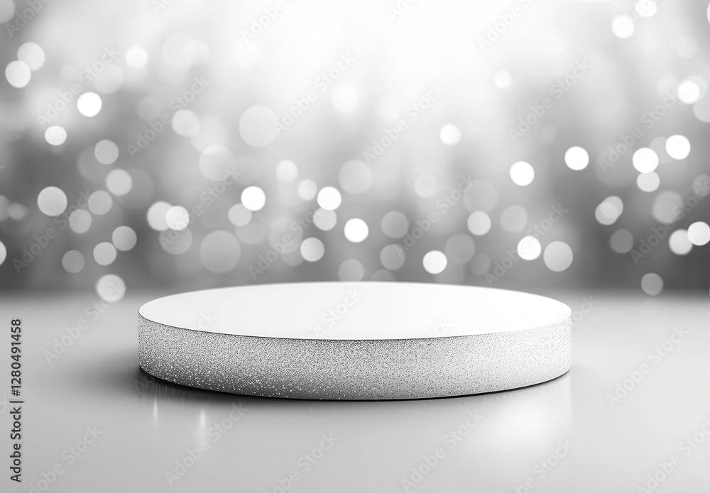 Poster white round platform with soft sparks in background, ideal for showcasing products in minimalist sty