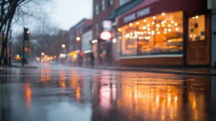 Fototapeta premium Rainy evening street with reflections and warm lights