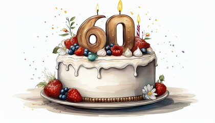 Illustration of decorated white cake for birthday or anniversary party. Number 60, sixtieth birthday celebration