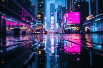 Fototapeta premium Vibrant Neon Lights and Reflections in Busy Urban Street at Night