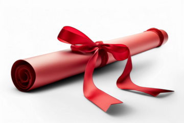 Rolled diploma with red ribbon on transparent background
