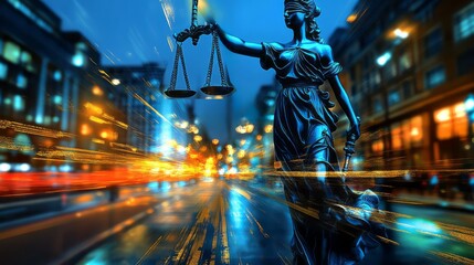Fototapeta premium Themis statue holds scales in front of a blurred city