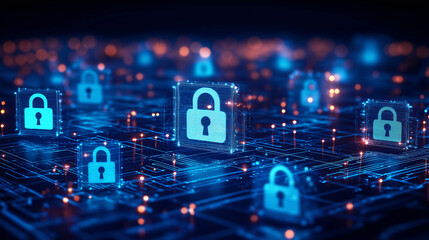 Obraz premium Glowing Circuit Board with Red Padlocks Representing Secure Cyber Networks. Generative Ai