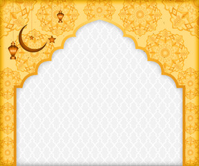 Islamic banner background | Abstract Texture background with moon, star, lamp, pattern | Floral modern background for greeting, Ramadan, Eid, flyer, futuristic, Calendar with orange, gold color