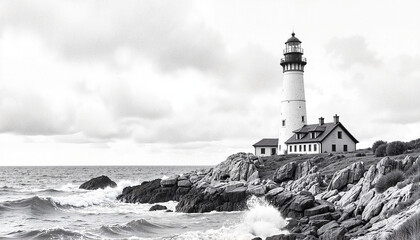 Dramatic lighthouse standing on rocky shore, atmospheric coastal scene
