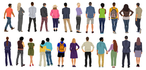 Bundle of diverse People Standing, walking Rear View. Male, Female cartoon Characters different ages, races Wearing casual, formal Clothes Back View vector illustration Isolated