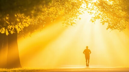 Fototapeta premium Silhouetted male runner in sunlit forest pathway at sunrise