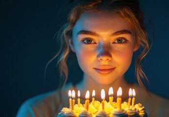 Young girl holding cake with lit candles in dim light, celebrating birthday with joy and warmth, featuring a soft expression and beautiful natural lighting