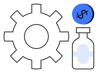 Bold black and blue gear, dollar sign circle, and medicine bottle. Ideal for healthcare, pharmaceutical industry, costs, innovation, production finance technology concepts. Minimalist abstract line