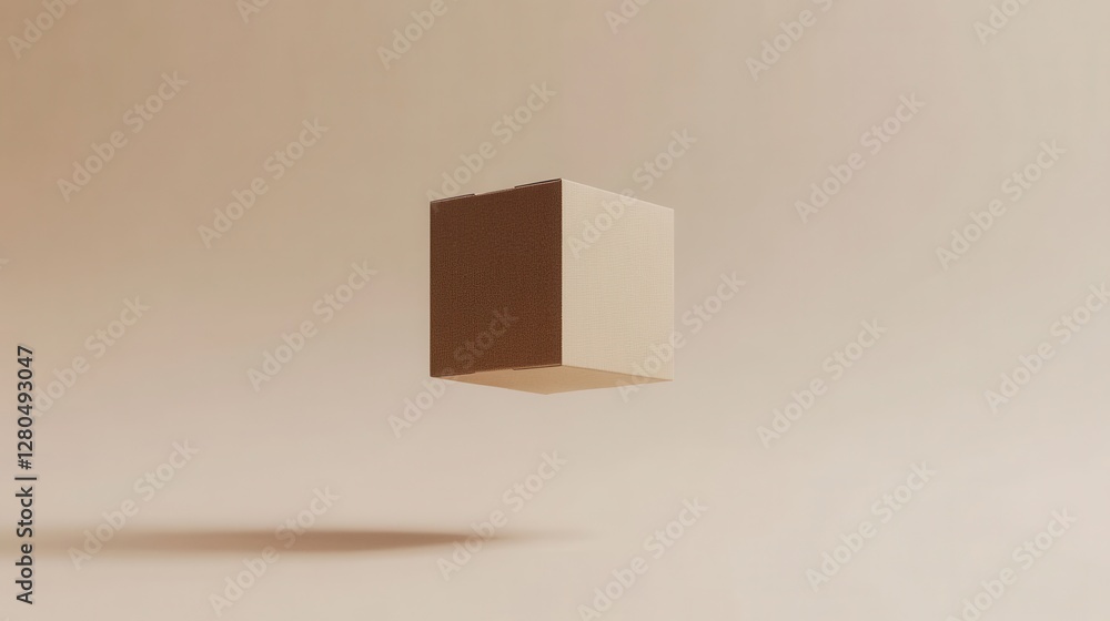 Poster minimalist beige floating cube on soft neutral background
