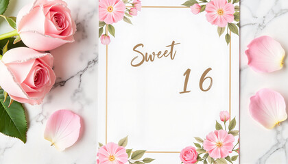 Floral Sweet 16 invitation card on marble surface, elegant celebration