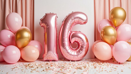 Festive 16th birthday celebration with pink and gold balloons, joy, Sweet 16 celebration