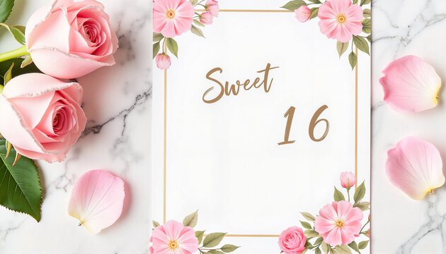 Floral Sweet 16 invitation card on marble surface, elegant celebration - Powered by Adobe
